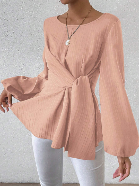 Round Neck Loose Fit Lantern Sleeve Shirt With Waist Tie