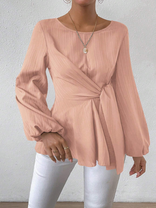 Round Neck Loose Fit Lantern Sleeve Shirt With Waist Tie