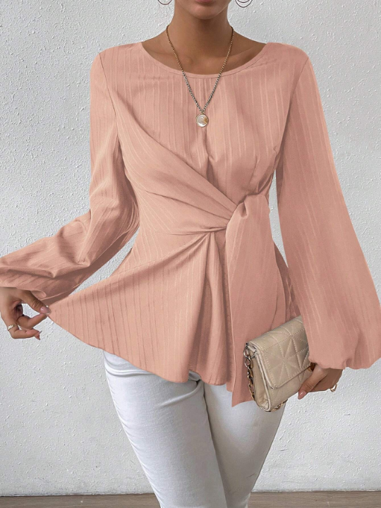 Round Neck Loose Fit Lantern Sleeve Shirt With Waist Tie