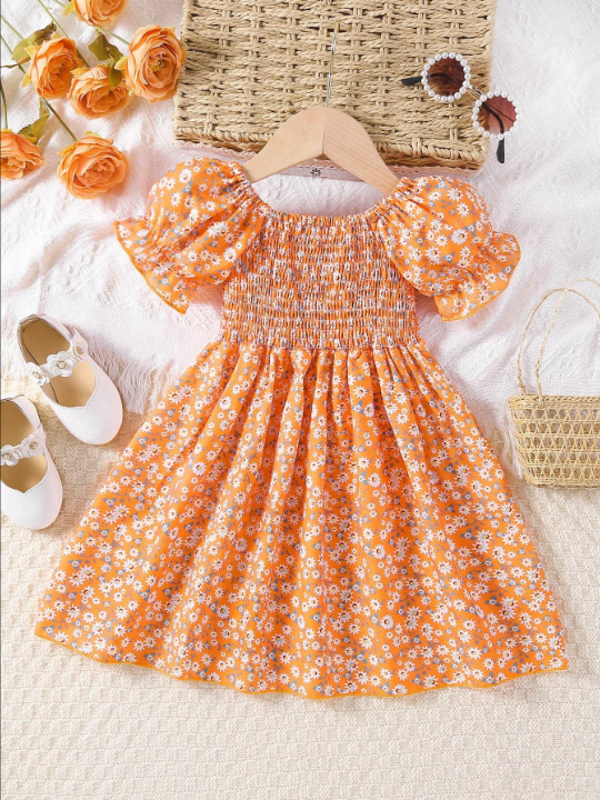 Young Girl's Printed Puff Sleeve Dress With Floral Pattern