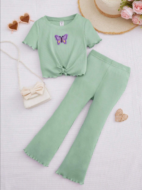 Kids EVRYDAY Young Girl Butterfly Patch T-Shirt And Jogger Pants Ribbed Two Piece Outfit