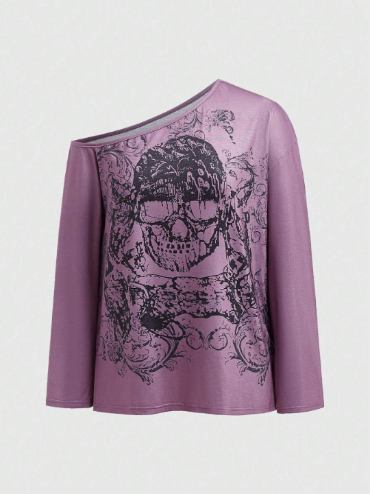 ROMWE Goth Women's Skull Printed Asymmetrical Collar Long Sleeve T-Shirt