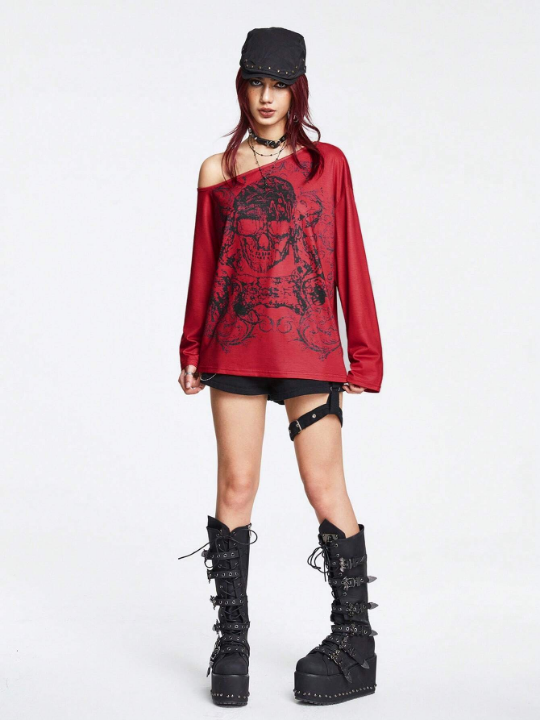 ROMWE Goth Skull Graphic One Shoulder Tee