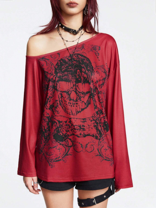 ROMWE Goth Skull Graphic One Shoulder Tee