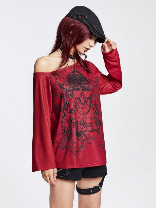 ROMWE Goth Skull Graphic One Shoulder Tee