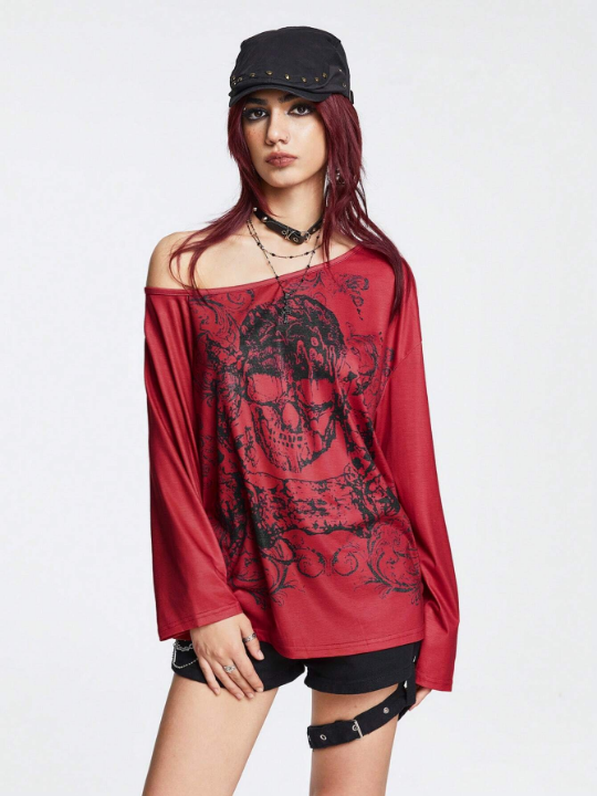 ROMWE Goth Skull Graphic One Shoulder Tee