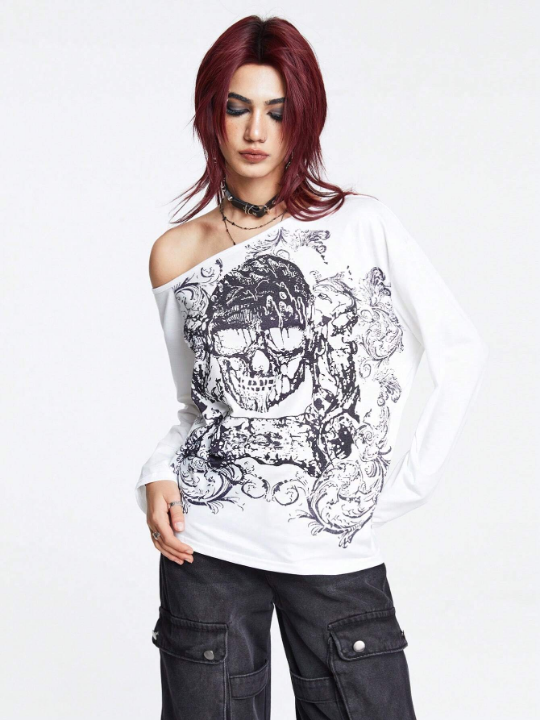 ROMWE Goth Skull Print Asymmetric Neck Tee