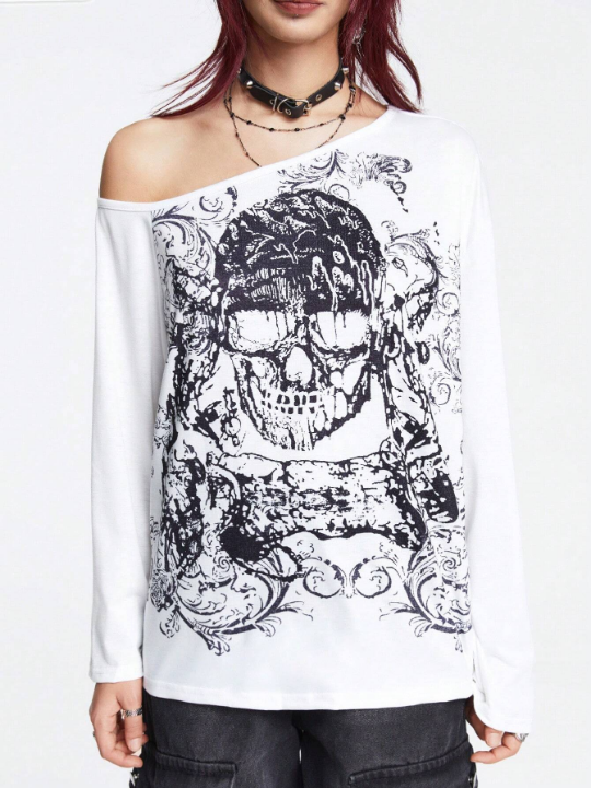 ROMWE Goth Skull Print Asymmetric Neck Tee