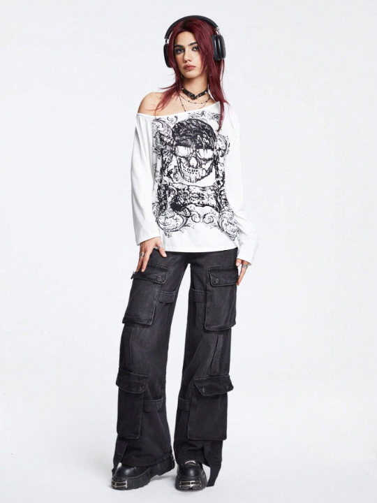 ROMWE Goth Skull Print Asymmetric Neck Tee