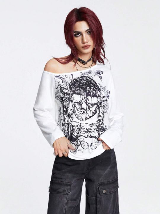 ROMWE Goth Skull Print Asymmetric Neck Tee