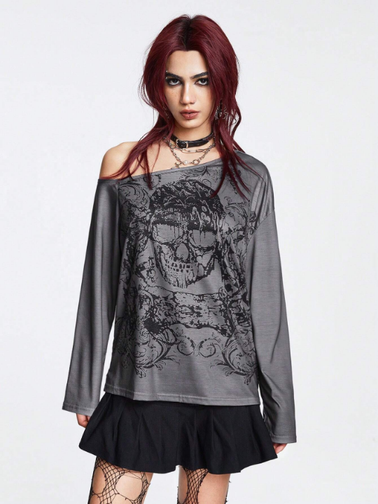 ROMWE Goth Skull Print One Shoulder Tee