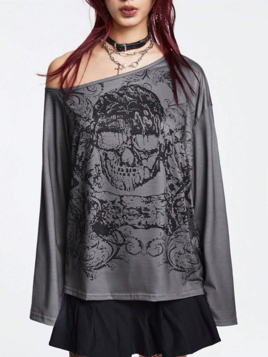 ROMWE Goth Skull Print One Shoulder Tee