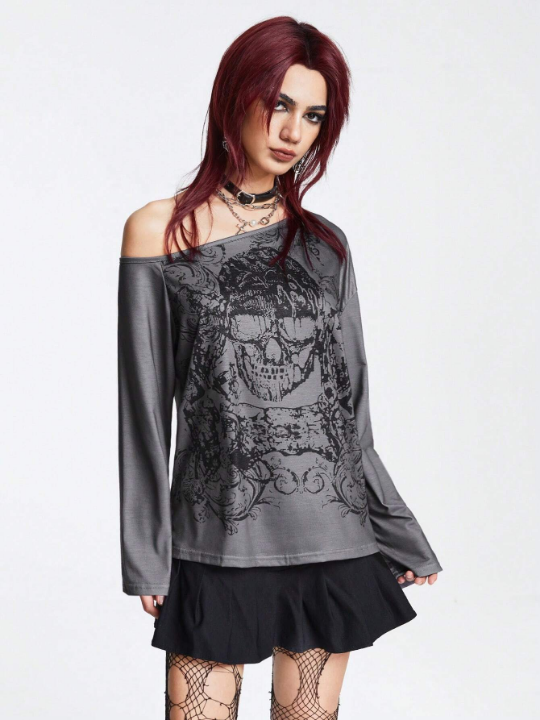 ROMWE Goth Skull Print One Shoulder Tee