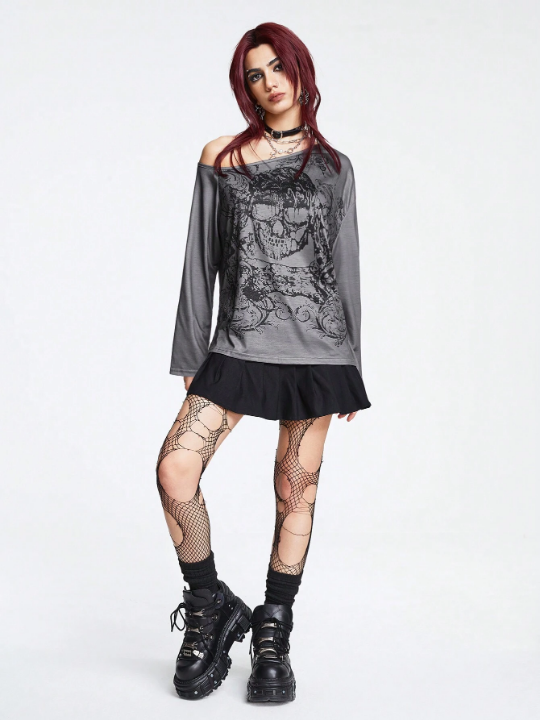 ROMWE Goth Skull Print One Shoulder Tee