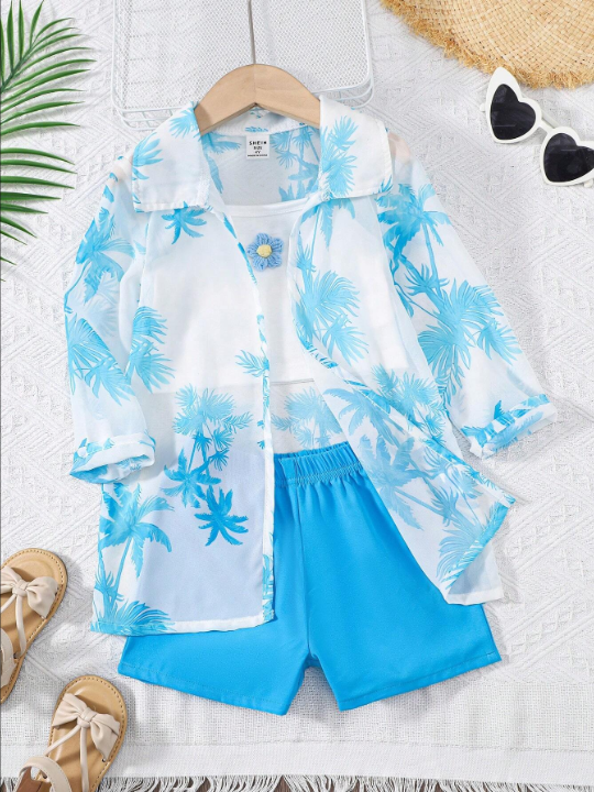 SHEIN Kids EVRYDAY Young Girls' Tropical Print Jacket With 3d Flower Decorated Cami Top And Solid Color Shorts Outdoor Holiday Set For Spring/Summer