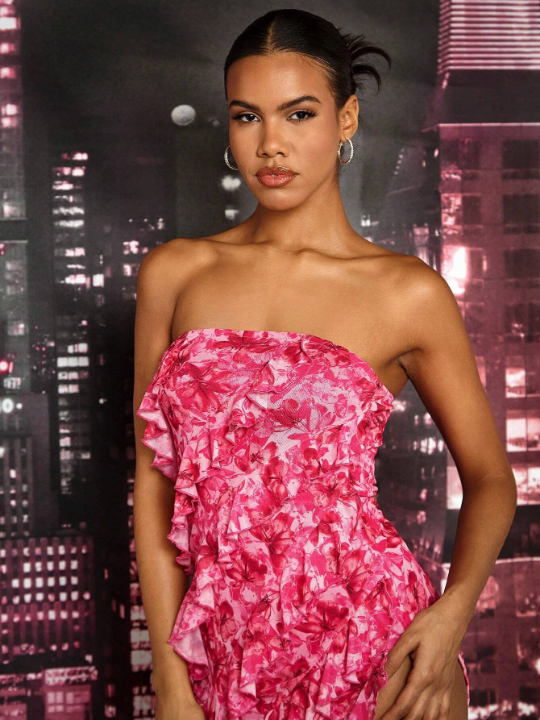 BAE Floral Printed Overlap Design Strapless Bodycon Long Dress With Ruffles & Slit, Perfect For Parties, Dates, Holidays