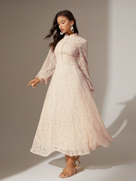 Anewsta Women's Long Sleeve Lace Solid Color Dress Anewsta Women's Long Sleeve Lace Solid Color Dress