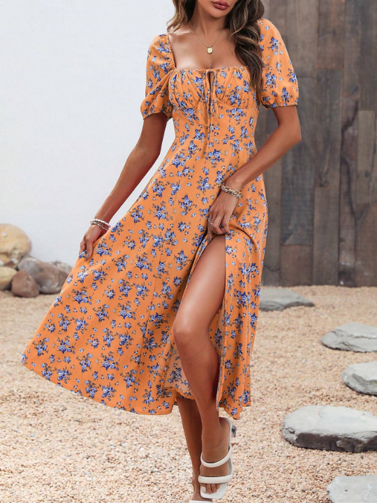 VCAY Full Printed Floral High Slit Dress