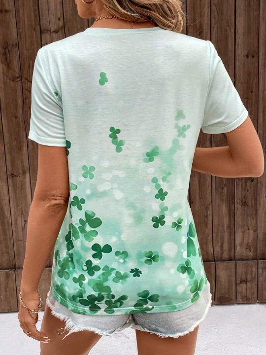 LUNE St. Patrick's Day Clover Printed Irregular Round Neck Regular Shoulder Casual Women's T-Shirt