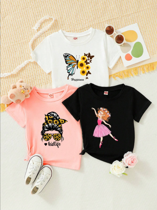 Young Girl Butterfly, Flowers, Leopard Print Ballet Little Girl T-Shirt Printed 3pcs Set