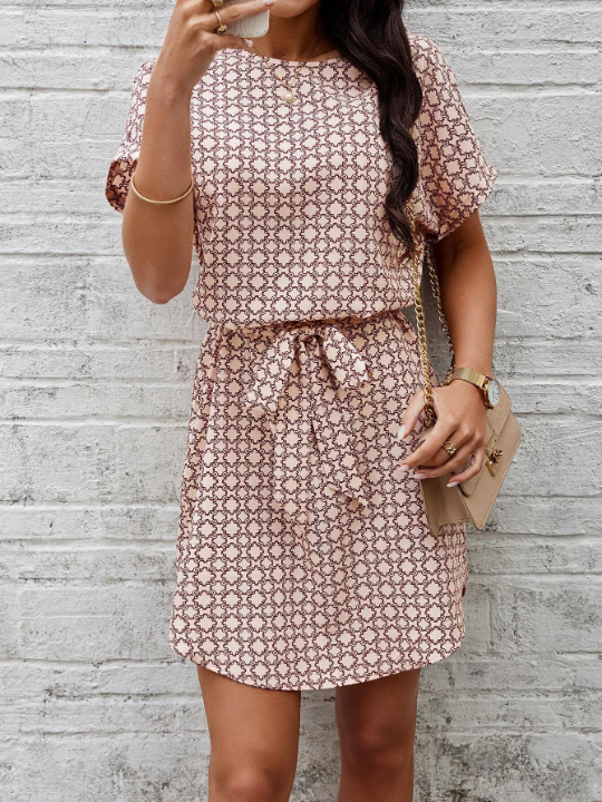 LUNE Printed Short Sleeve Dress With Elastic Waist