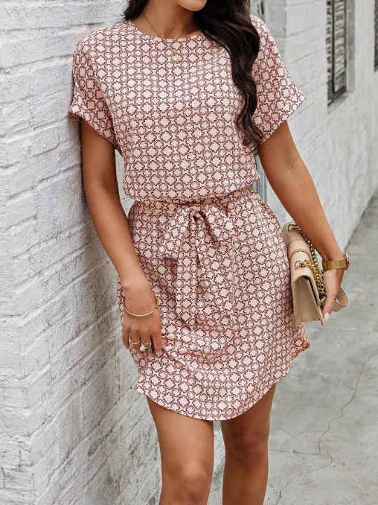 LUNE Printed Short Sleeve Dress With Elastic Waist