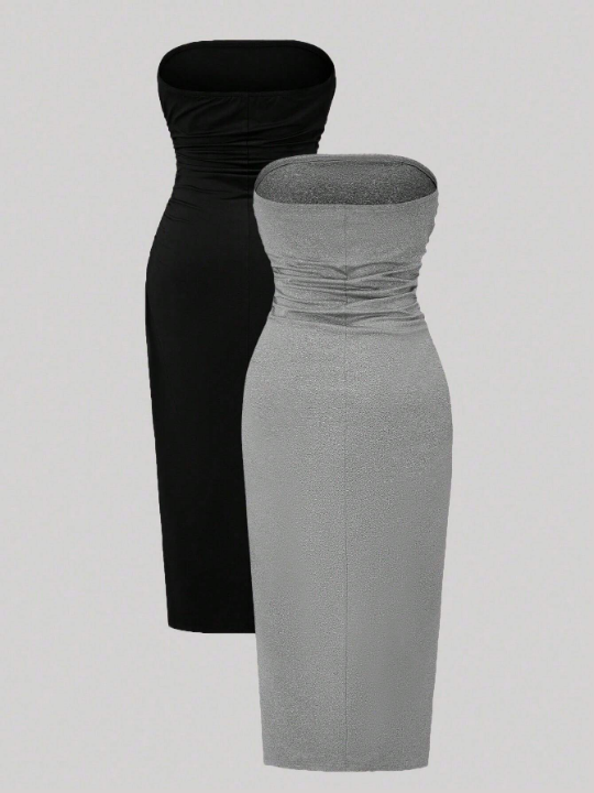 Priv Solid Color Pleated Bodycon Strapless Dress