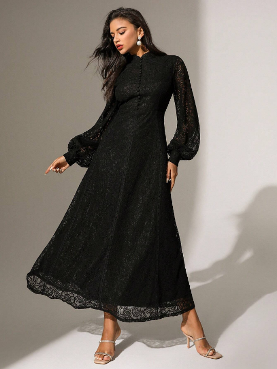 Anewsta Solid Color Lace Trimmed Button Decoration Long Sleeve Dress