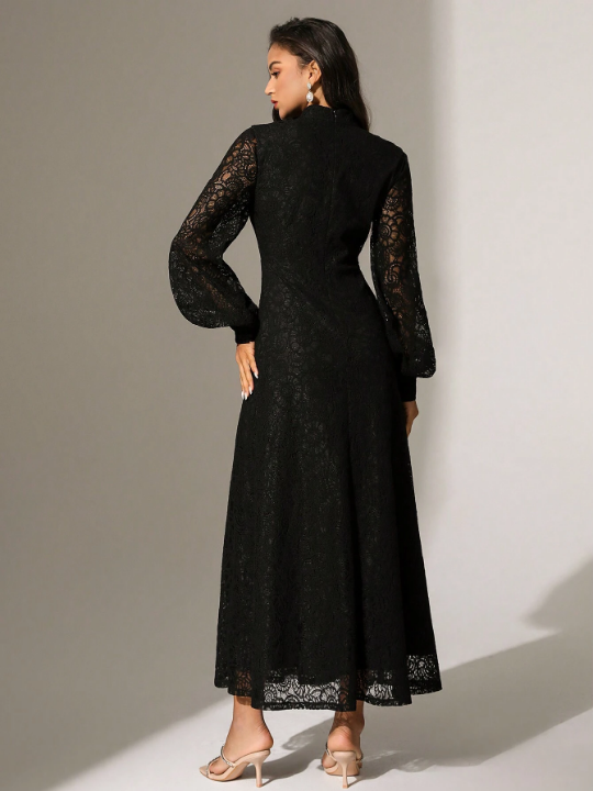 Anewsta Solid Color Lace Trimmed Button Decoration Long Sleeve Dress