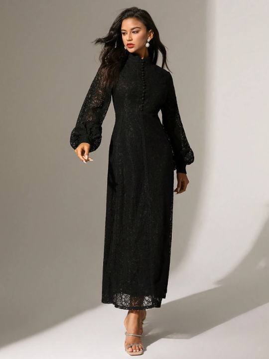 Anewsta Solid Color Lace Trimmed Button Decoration Long Sleeve Dress