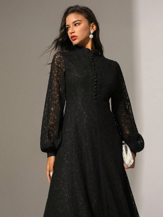 Anewsta Solid Color Lace Trimmed Button Decoration Long Sleeve Dress