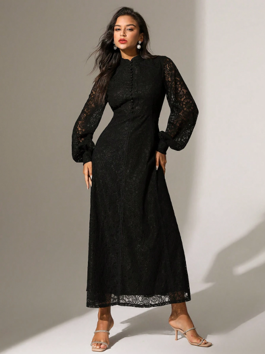 Anewsta Solid Color Lace Trimmed Button Decoration Long Sleeve Dress