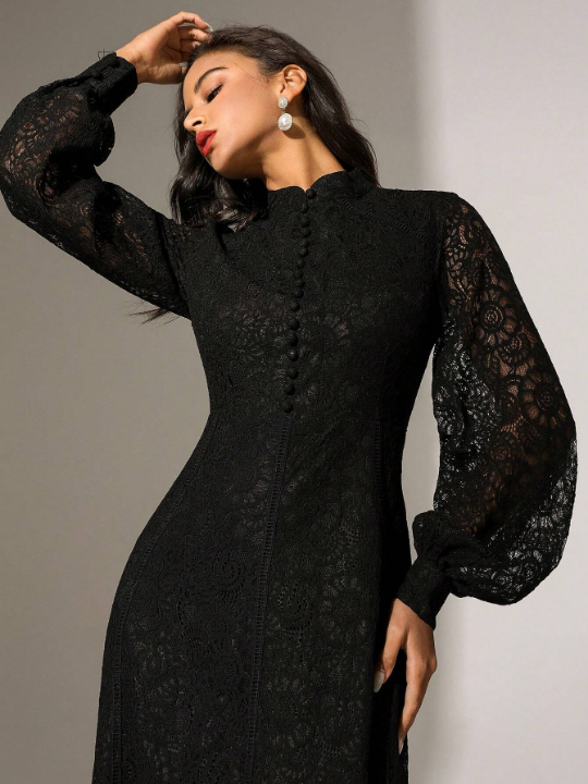 Anewsta Solid Color Lace Trimmed Button Decoration Long Sleeve Dress