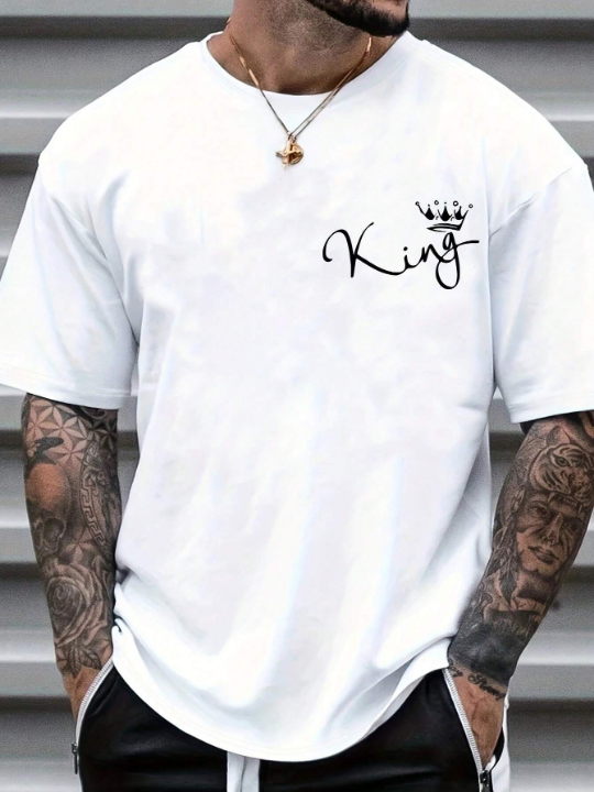 Men's Crown & Letter Print Round Neck Short Sleeve T-Shirt