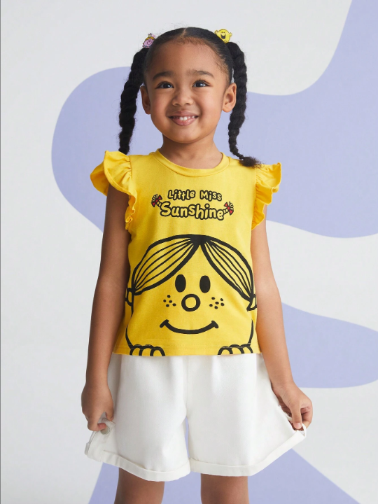 Mr Men Little Miss X  Young Girl Cartoon And Letter Graphic Ruffle Armhole Tee