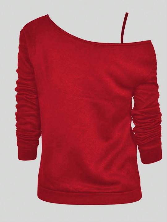 Essnce Asymmetric Collar Long Sleeve T-Shirt With Lips Print