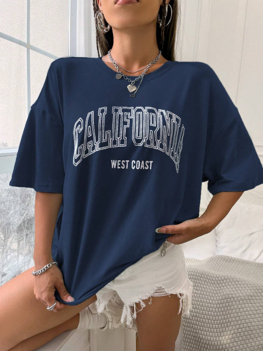 Women's California West Coast Curved Hem English Printed Off-Shoulder T-Shirt