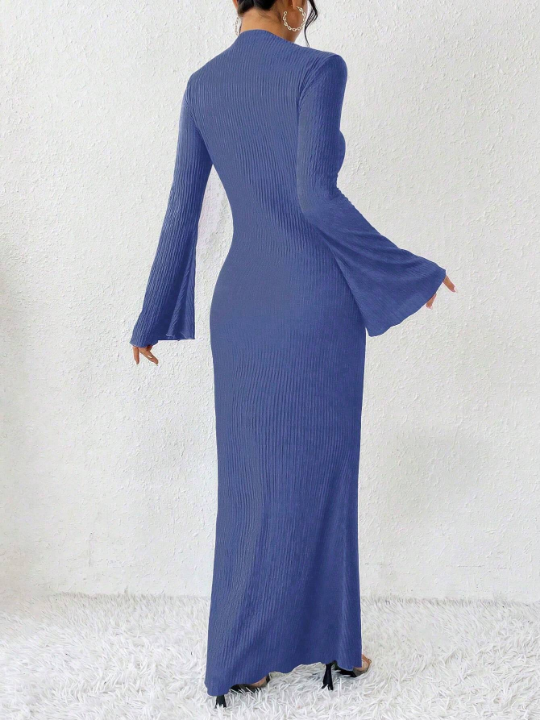 Privé Solid Color Flared Sleeve Fish Tail Dress