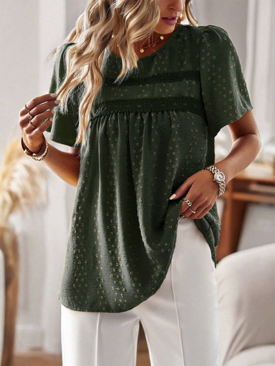 LUNE Lace Panel Puff Sleeve Short Sleeve Blouse