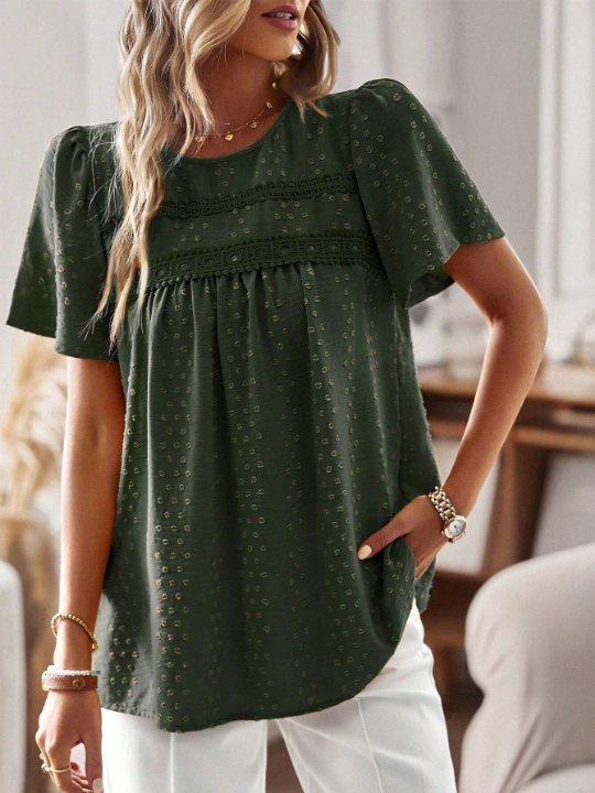 LUNE Lace Panel Puff Sleeve Short Sleeve Blouse