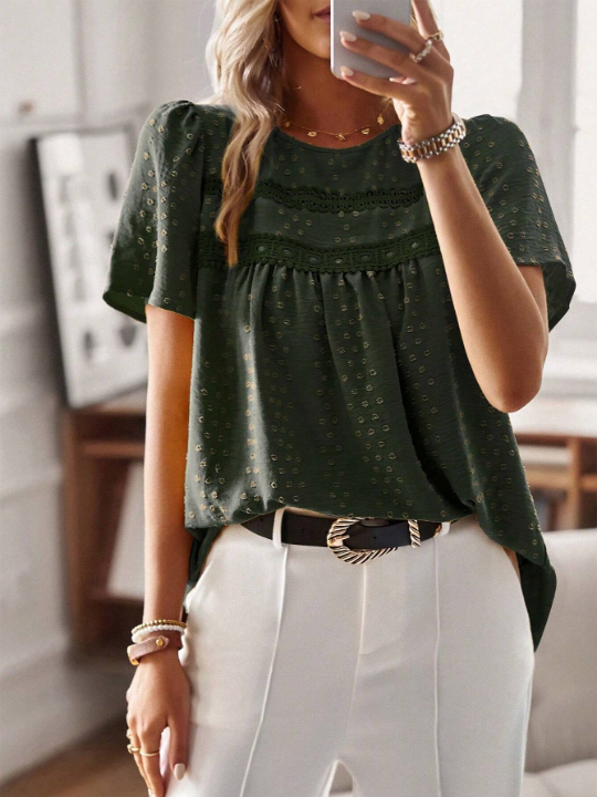 LUNE Lace Panel Puff Sleeve Short Sleeve Blouse