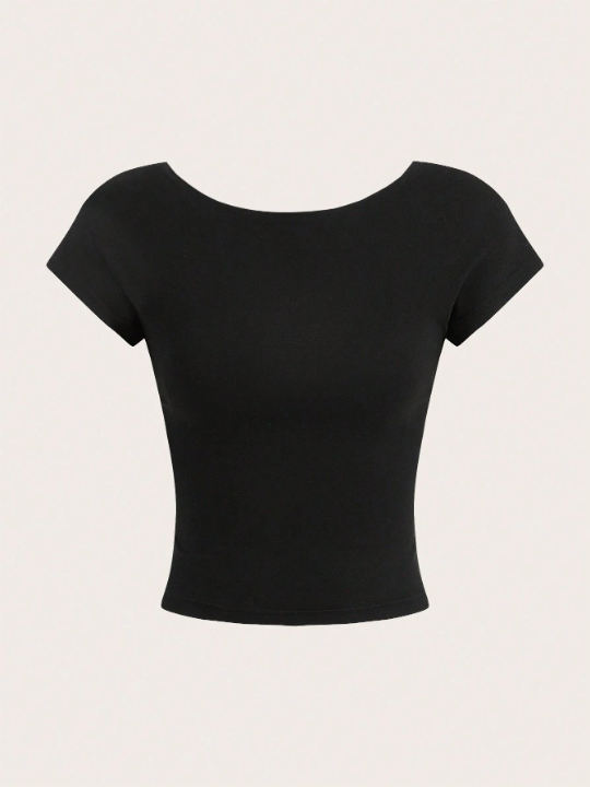 EZwear 2pcs/Set Open Back Round Neck Short Sleeve Tight Crop Top T-Shirt, Suitable For Summer