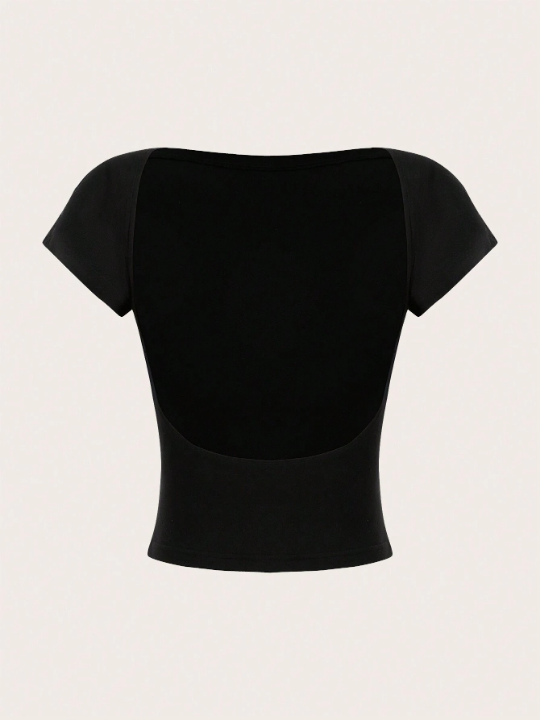 EZwear 2pcs/Set Open Back Round Neck Short Sleeve Tight Crop Top T-Shirt, Suitable For Summer