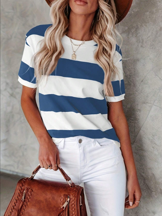 New Summer Fashion Blue & White Striped & Printed Round Neck Short Sleeve Casual T-shirt For Women