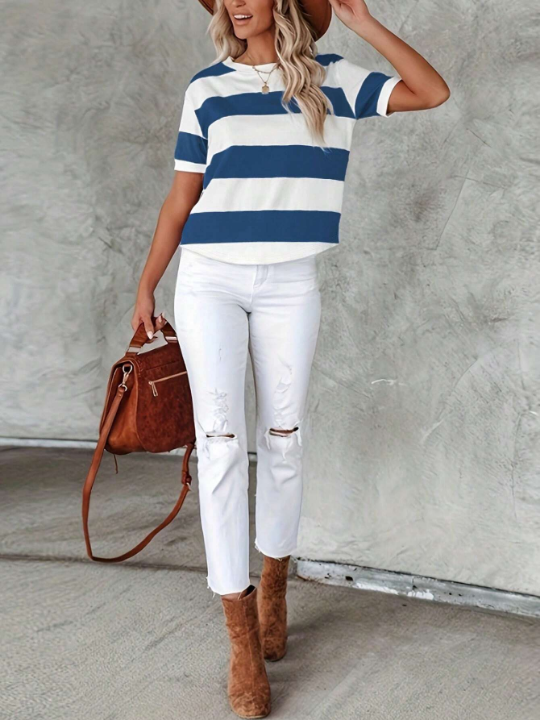 New Summer Fashion Blue & White Striped & Printed Round Neck Short Sleeve Casual T-shirt For Women