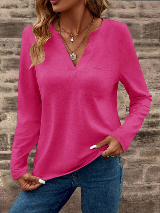 LUNE Women's Solid Color Notched V-Neck Long Sleeve T-Shirt