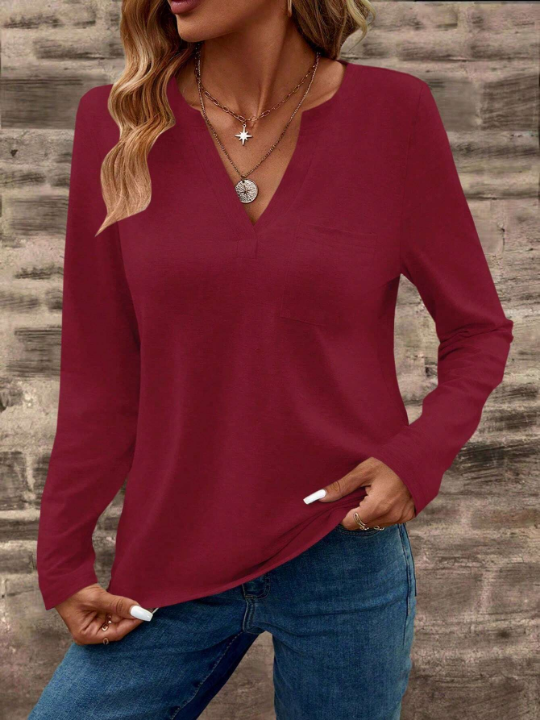 LUNE Women's Solid Color Notch V-Neck Long Sleeve T-Shirt