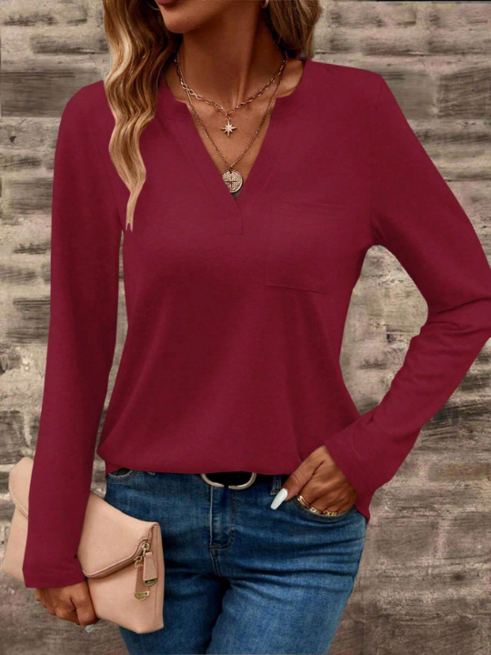 LUNE Women's Solid Color Notch V-Neck Long Sleeve T-Shirt