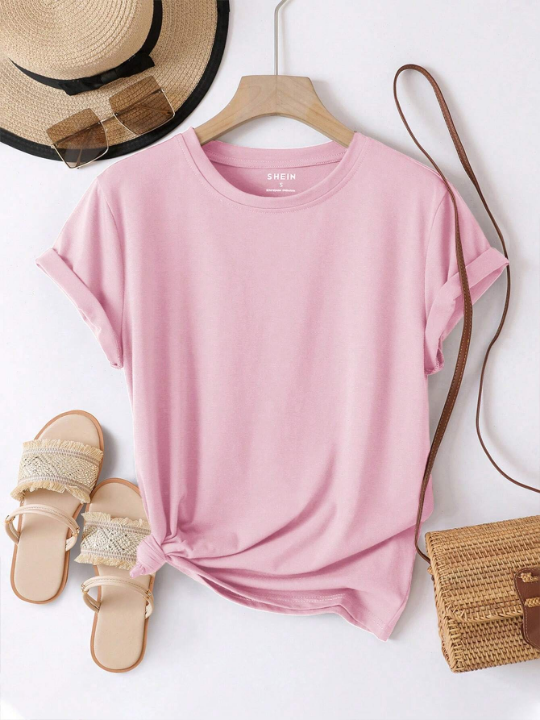 Essnce Solid Color Round Neck Casual Short Sleeve T-Shirt