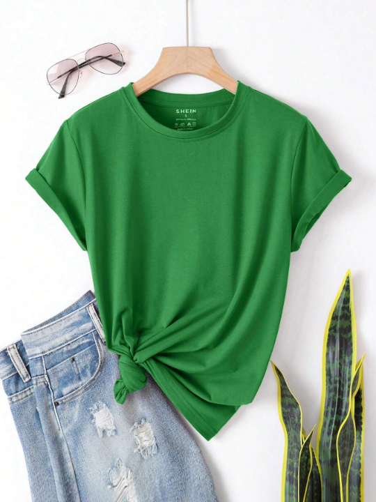 Essnce Solid Color Round Neck Casual Short Sleeve T-Shirt